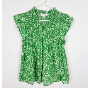 Pinch Kellie Top Size Small Green White Floral Smocked Flutter Sleeve Boho